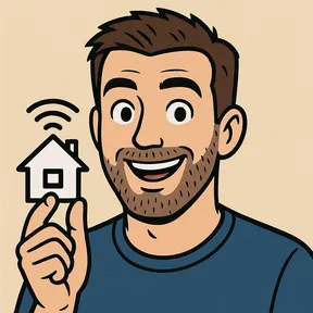 Gezeichnetes Porträt von Kevin, der ein kleines Haus mit Funksymbol hochhält