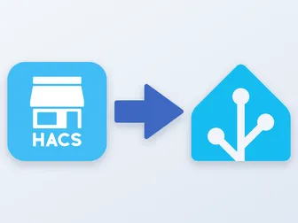 Das HACS-Logo (ein blauer Laden), ein Pfeil nach rechts und das Home-Assistant-Haus: HACS zieht in Home Assistant ein