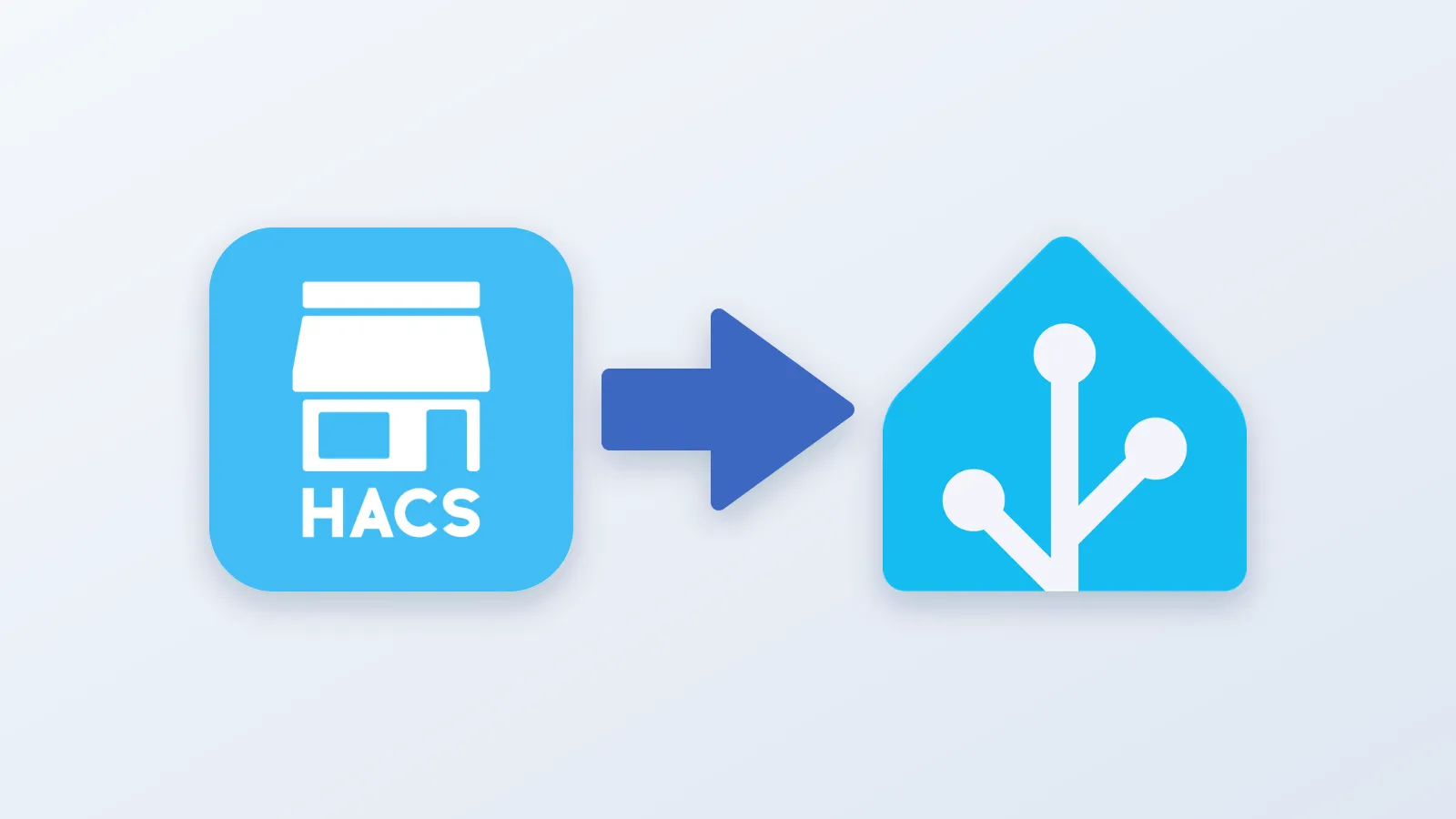Das HACS-Logo (ein blauer Laden), ein Pfeil nach rechts und das Home-Assistant-Haus: HACS zieht in Home Assistant ein